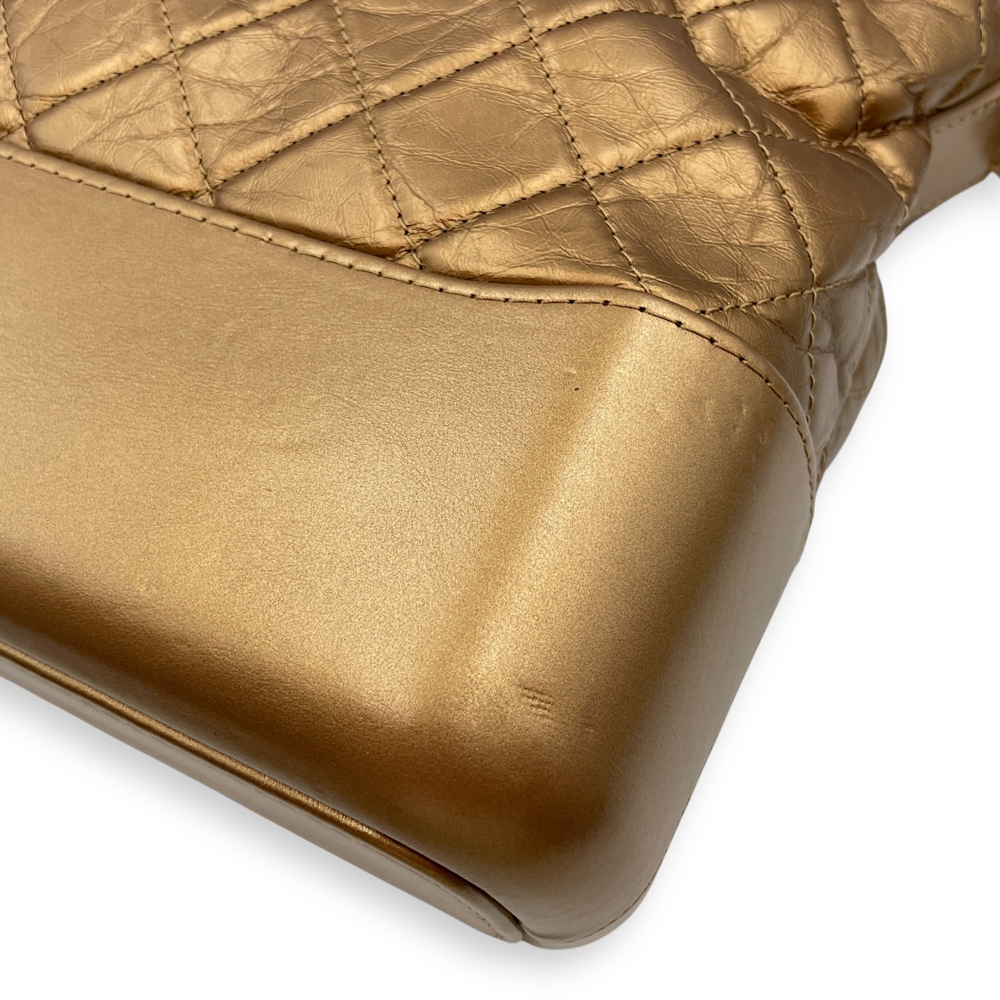 Quilted Gabrielle Metallic Gold Top Handle Bag in Distressed Leather, Tri tone hardware