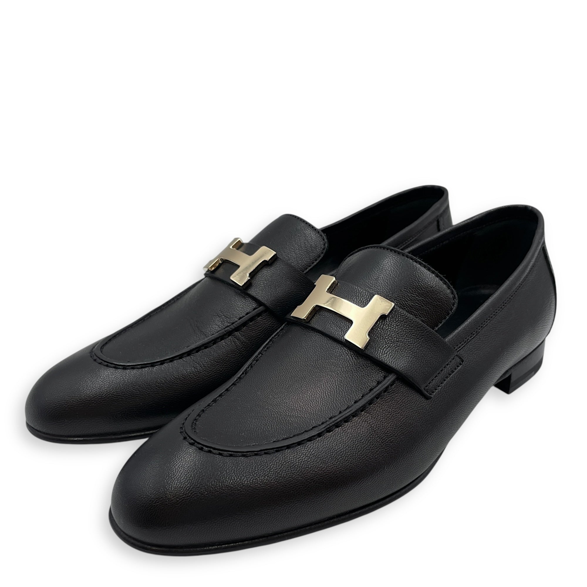 Paris 37.5 Black Loafers in Cherve Leather, Permabrass hardware