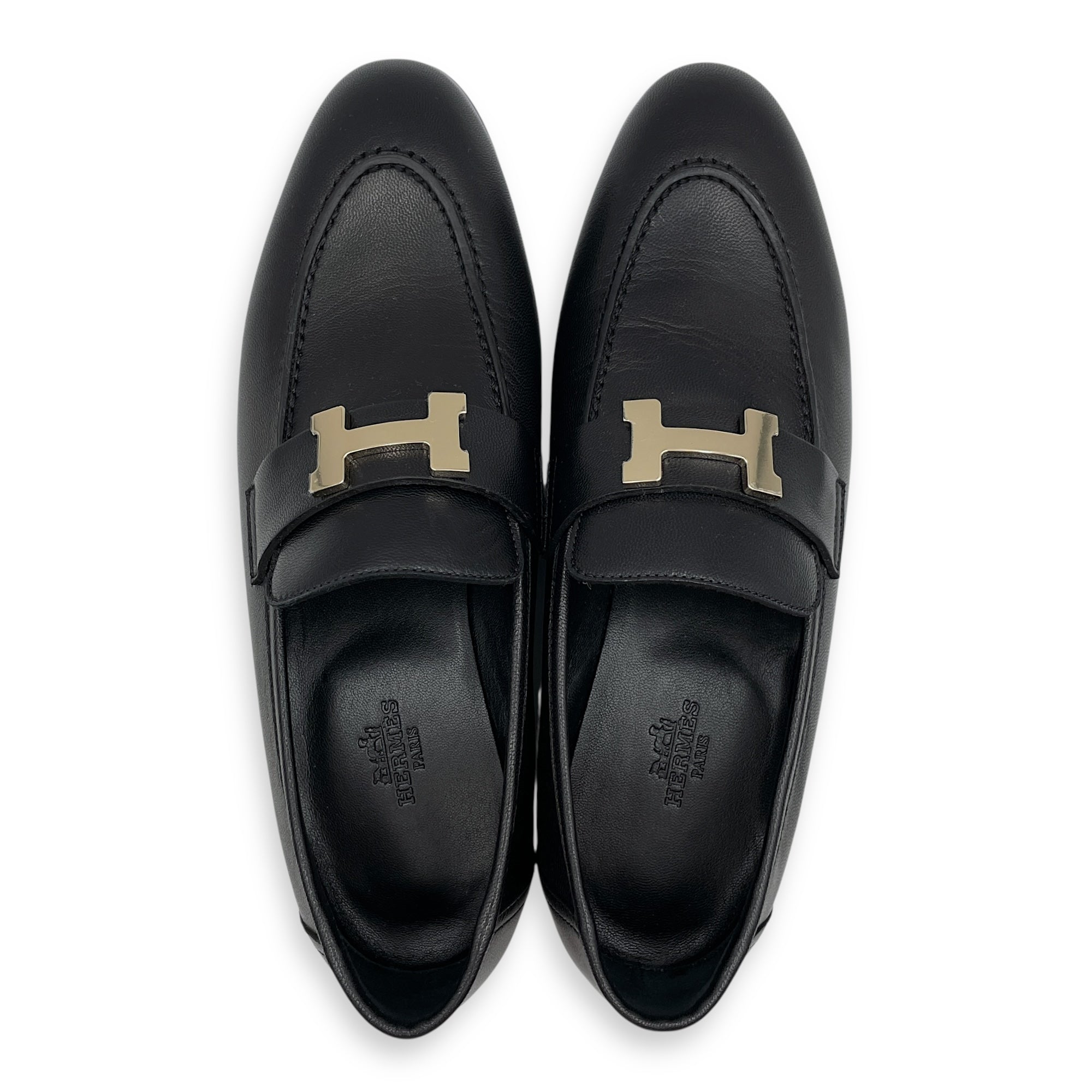 Paris 37.5 Black Loafers in Cherve Leather, Permabrass hardware