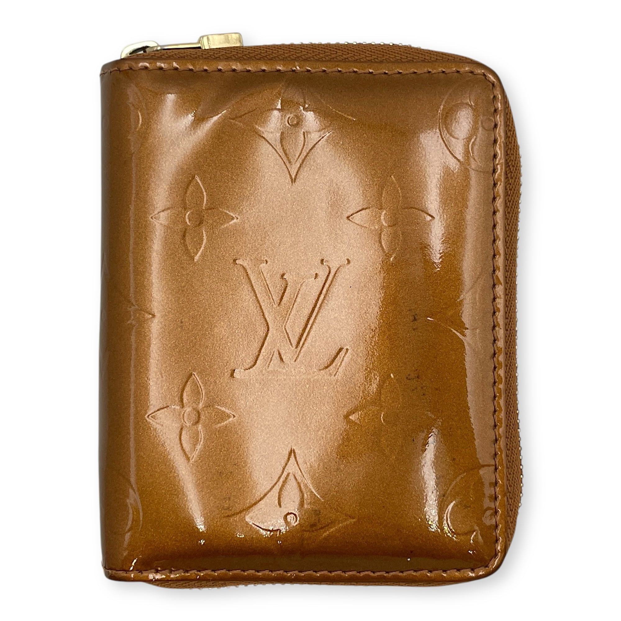 Zippy Compact Brown Card Holder in Vernis, Gold hardware