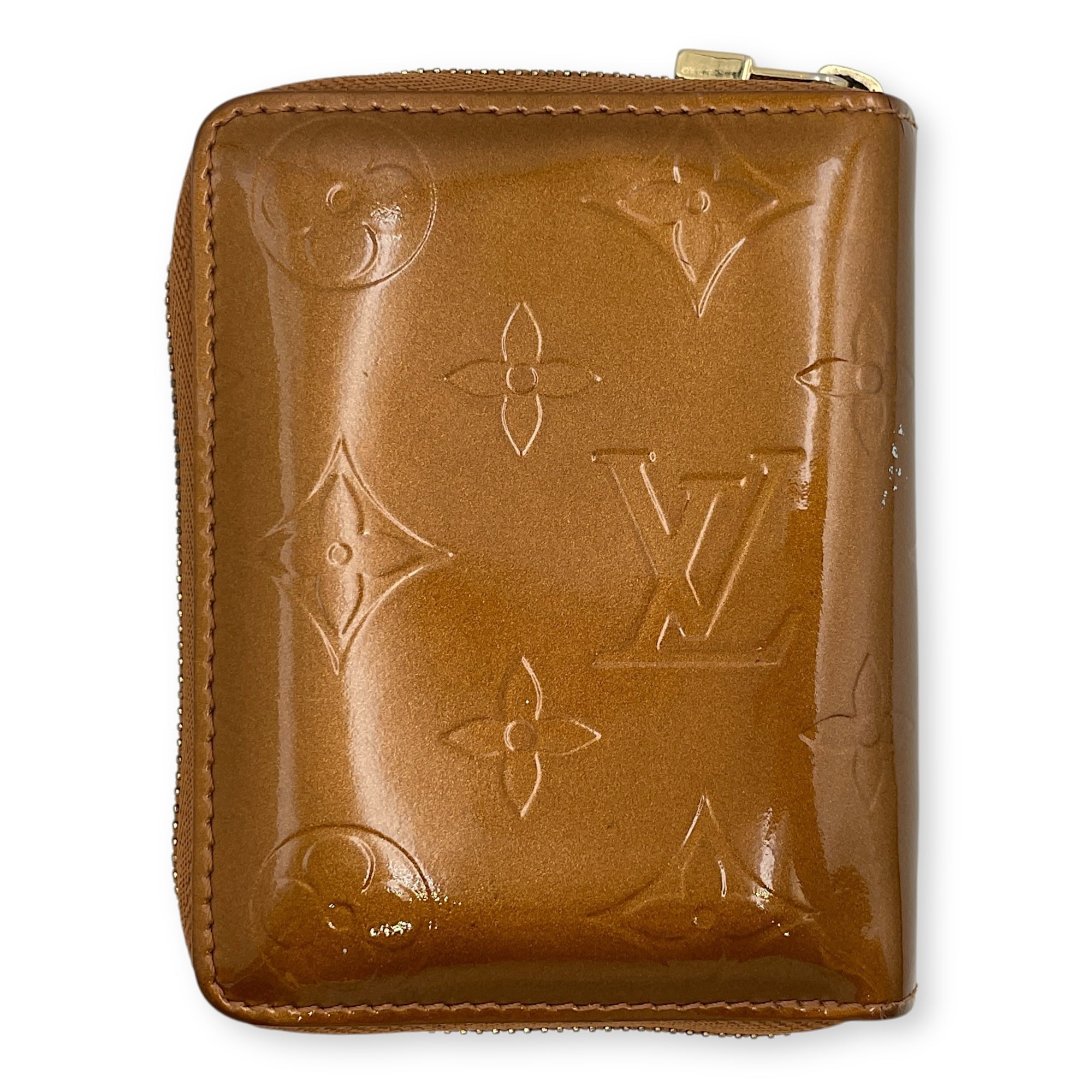 Zippy Compact Brown Card Holder in Vernis, Gold hardware