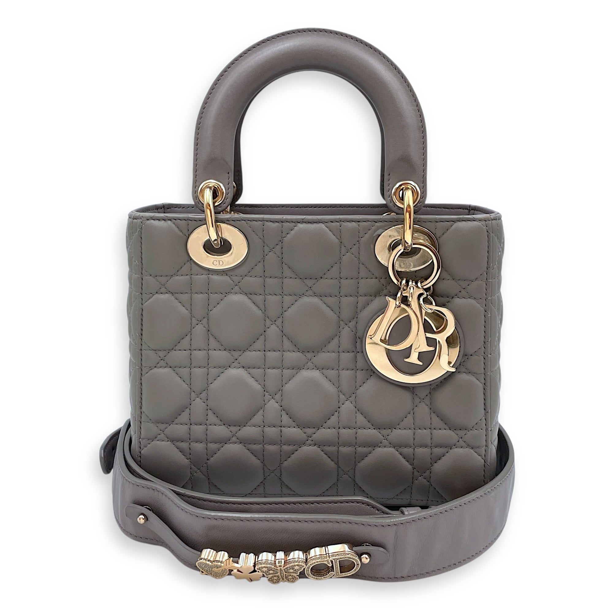Lady Dior with ABC charms Grey Shoulder Bag in Lambskin, Gold hardware