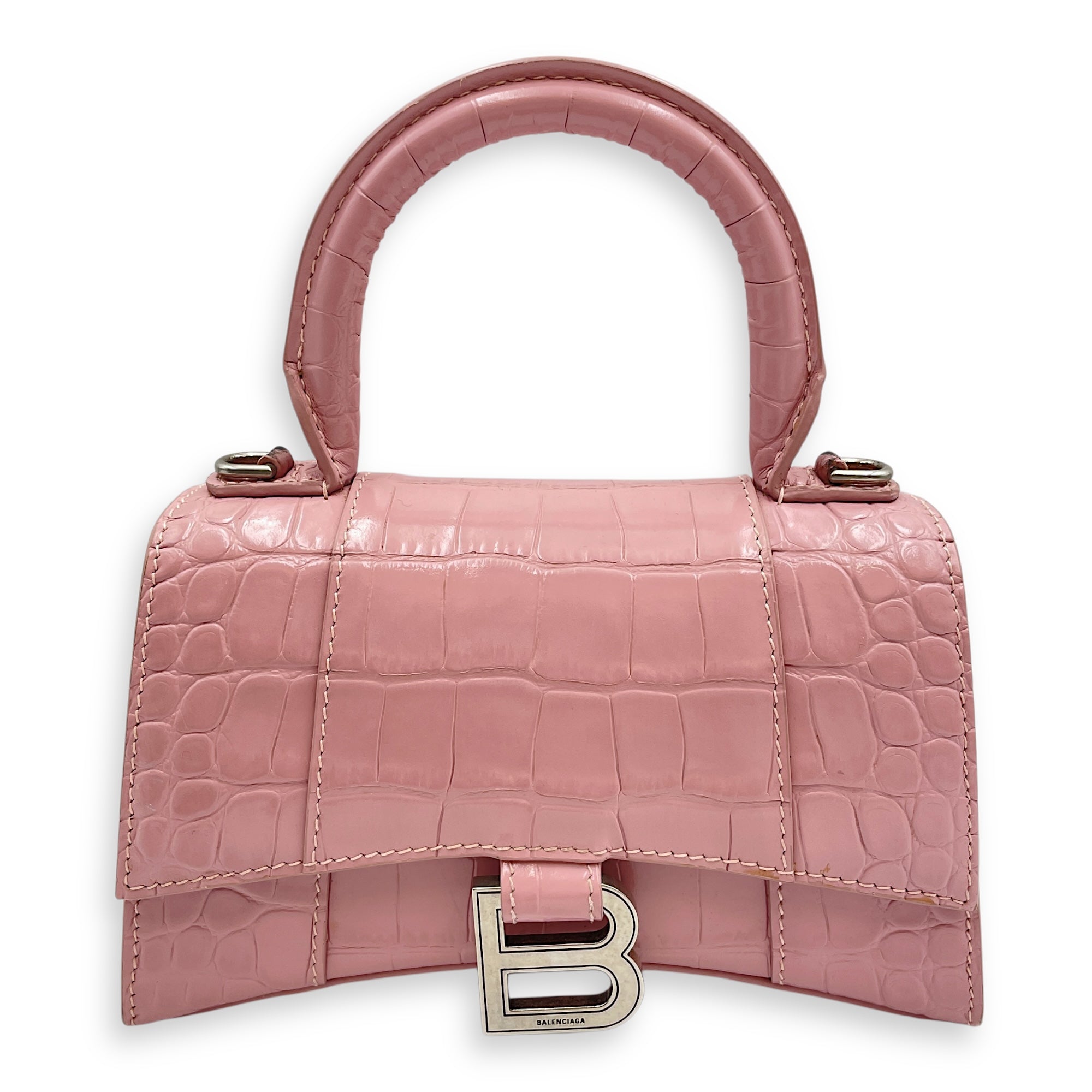 Hourglass Pink Crossbody Bag in Crocodile Embossed Leather Silver 