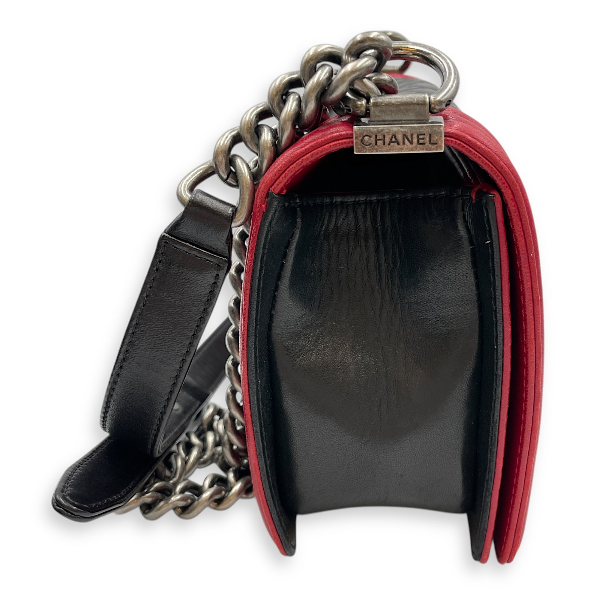 Bi-Colour Medium Boy Red/Black Crossbody Bag in Lambskin, Brushed Palladium hardware