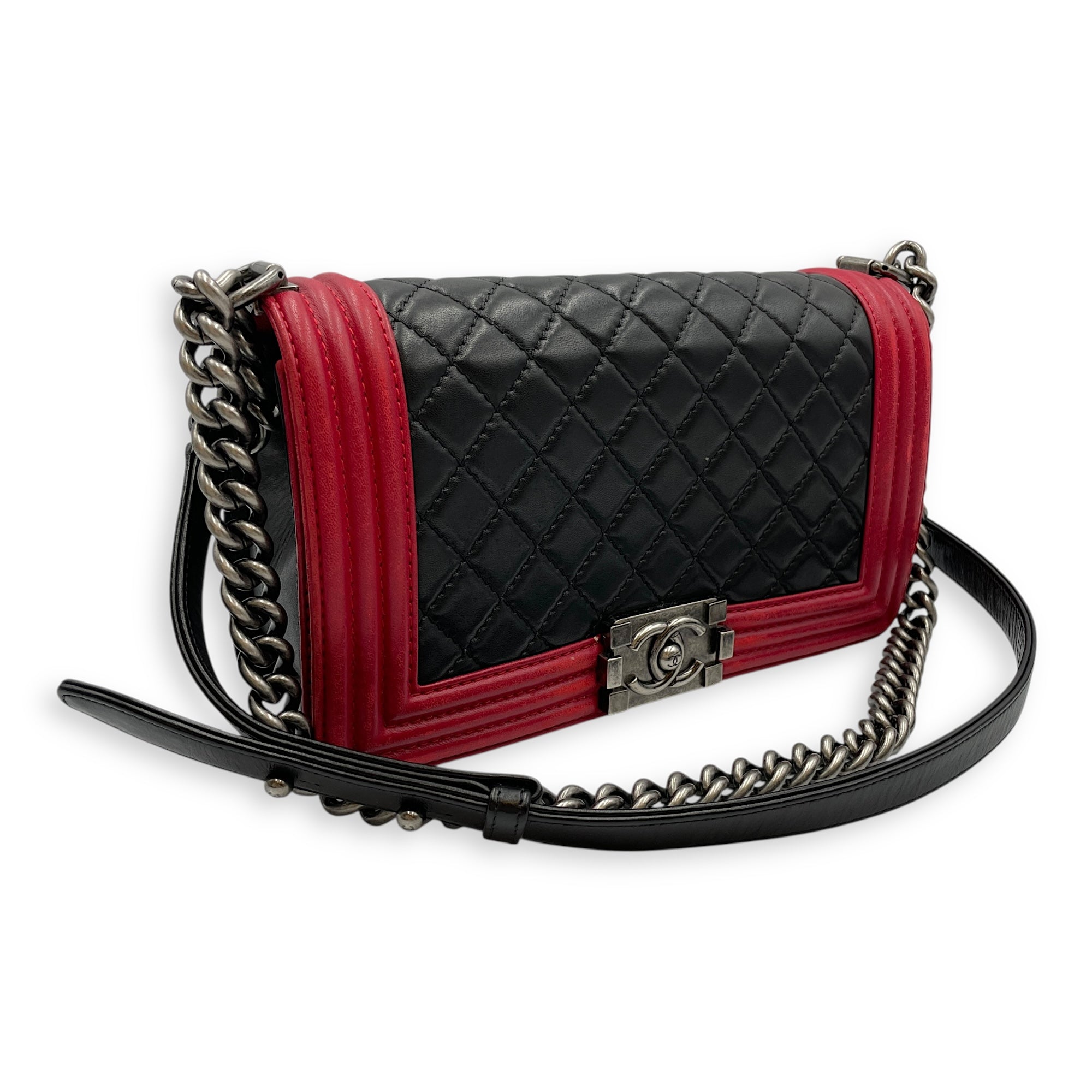 Bi-Colour Medium Boy Red/Black Crossbody Bag in Lambskin, Brushed Palladium hardware