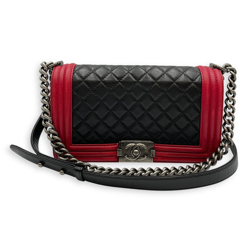 Bi-Colour Medium Boy Red/Black Crossbody Bag in Lambskin, Brushed Palladium hardware
