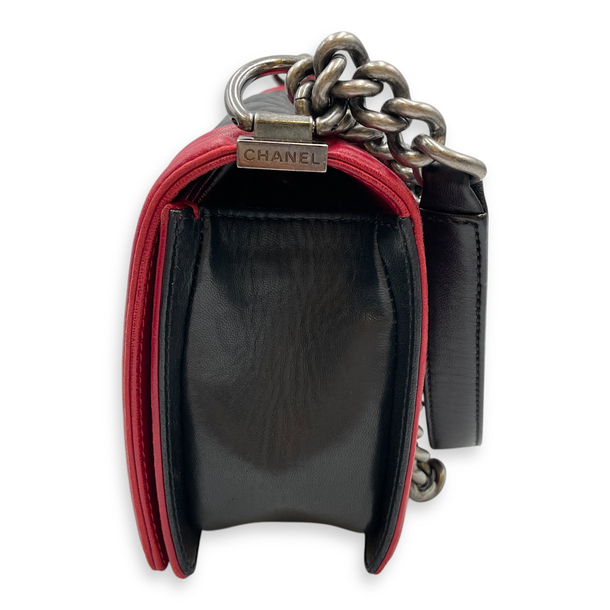 Bi-Colour Medium Boy Red/Black Crossbody Bag in Lambskin, Brushed Palladium hardware