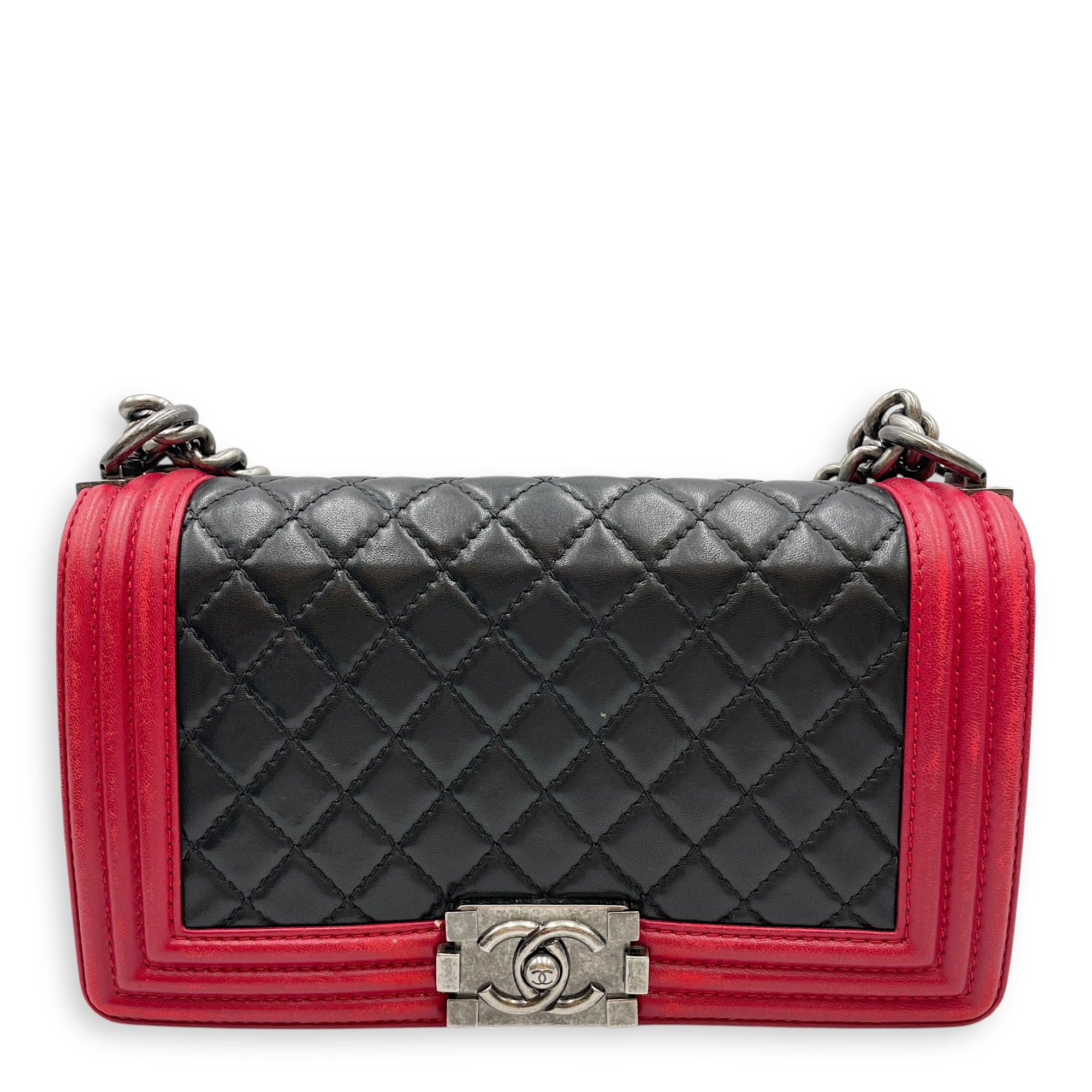 Bi-Colour Medium Boy Red/Black Crossbody Bag in Lambskin, Brushed Palladium hardware