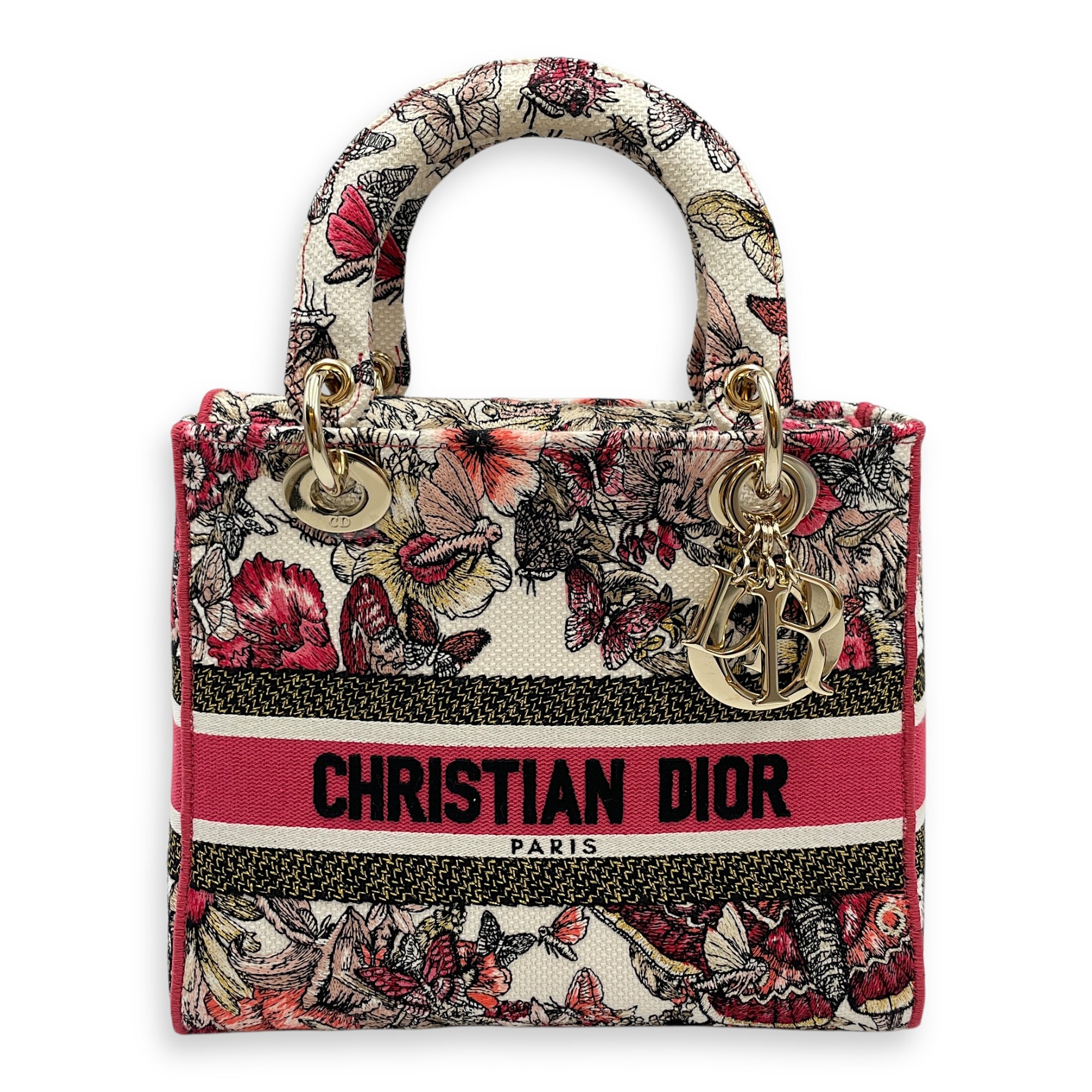 Lady Dior Butterfly Medium Pink and White Shoulder Bag in Canvas, Gold
