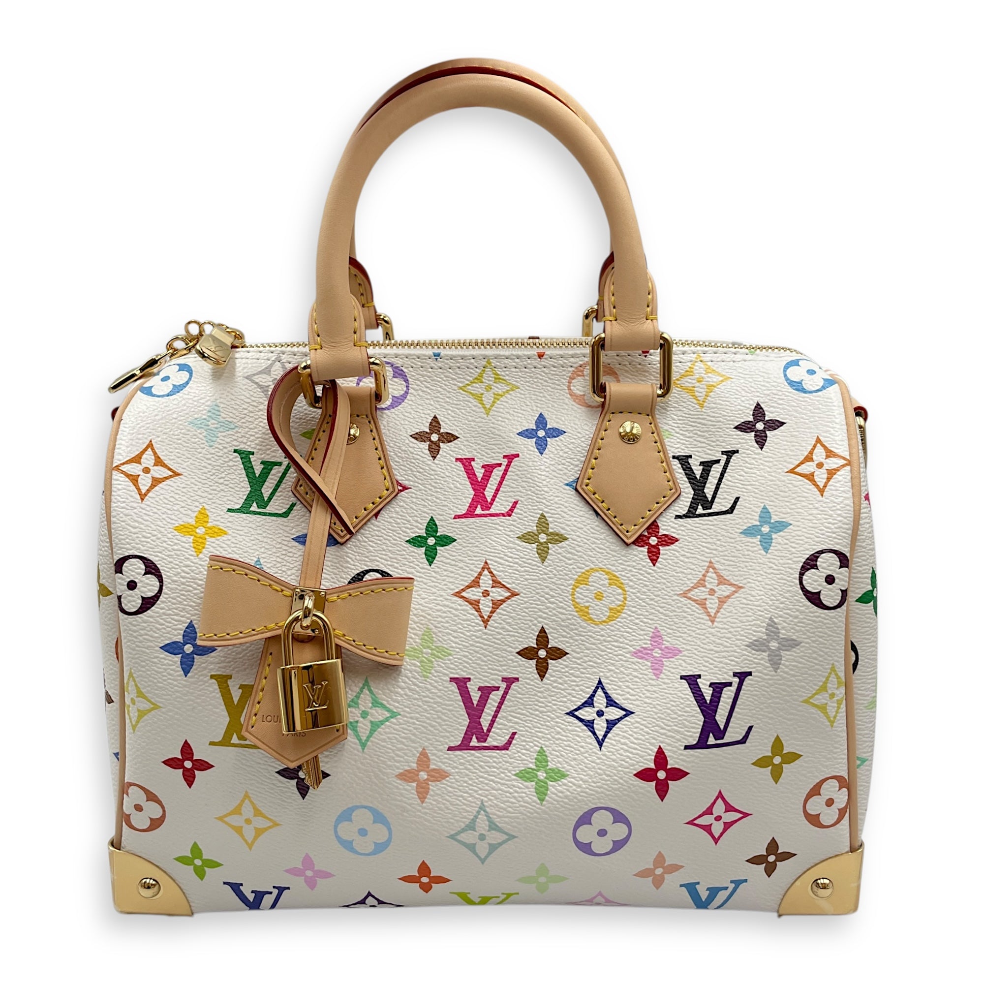LV x TM Speedy 25cm White Shoulder Bag in Canvas, Gold hardware