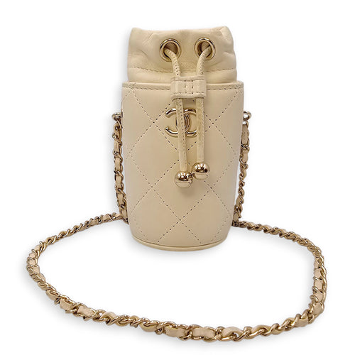Quilted Bucket Mini White Crossbody Bag in Lambskin, Gold hardware