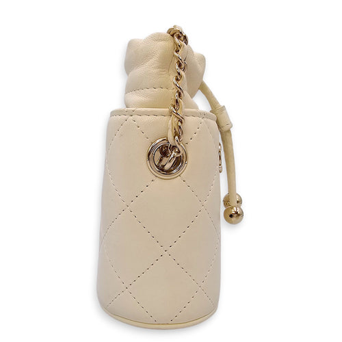 Quilted Bucket Mini White Crossbody Bag in Lambskin, Gold hardware