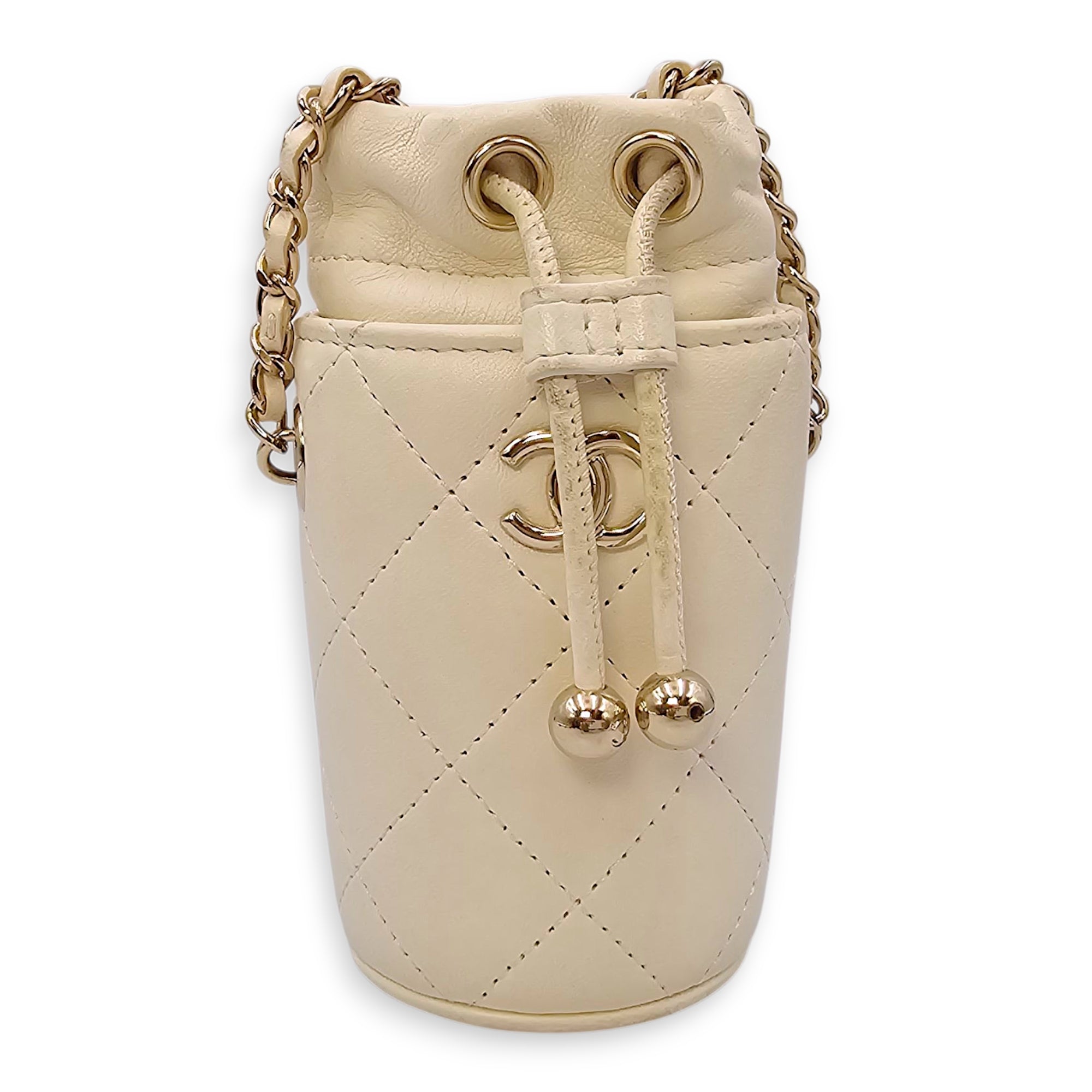Quilted Bucket Mini White Crossbody Bag in Lambskin, Gold hardware