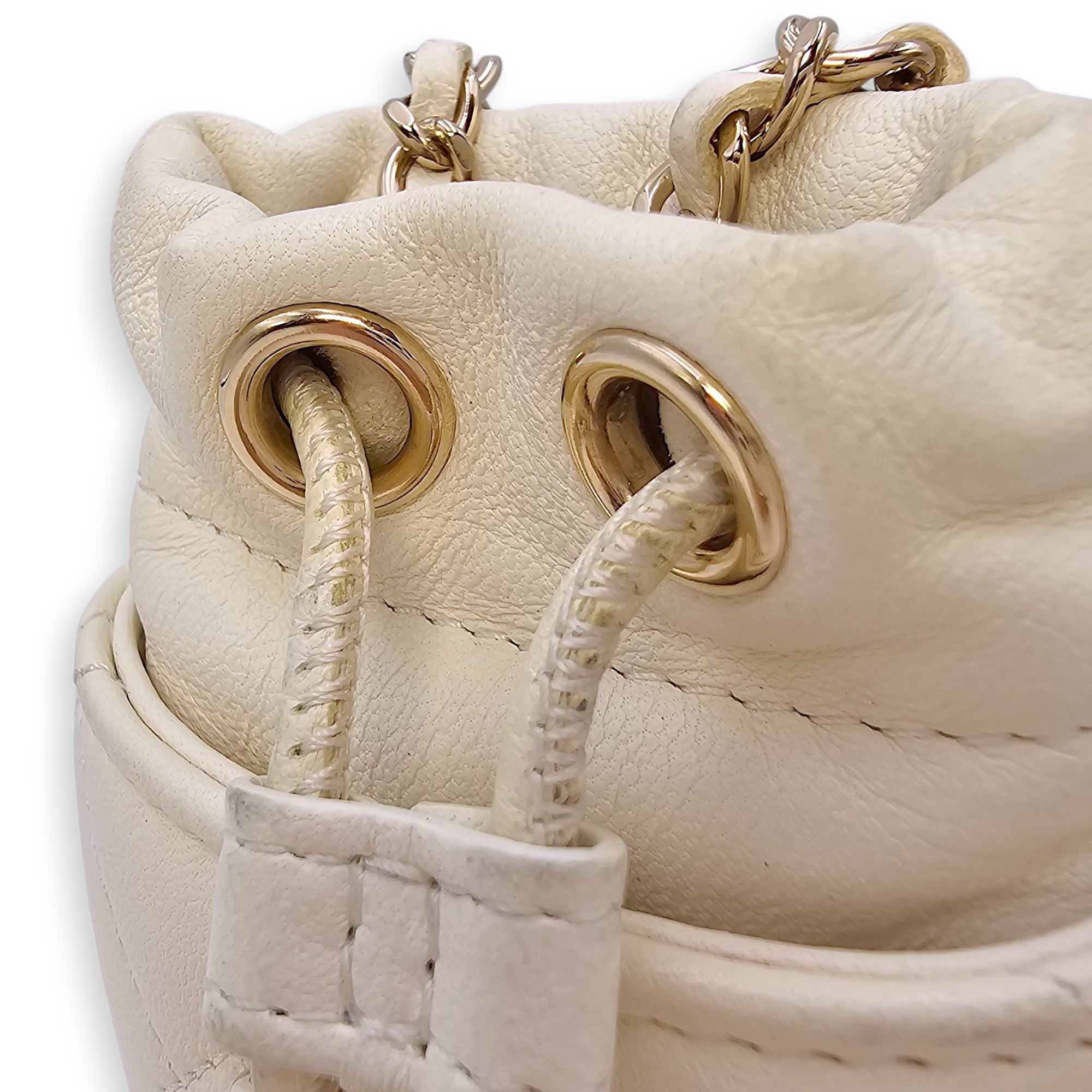 Quilted Bucket Mini White Crossbody Bag in Lambskin, Gold hardware