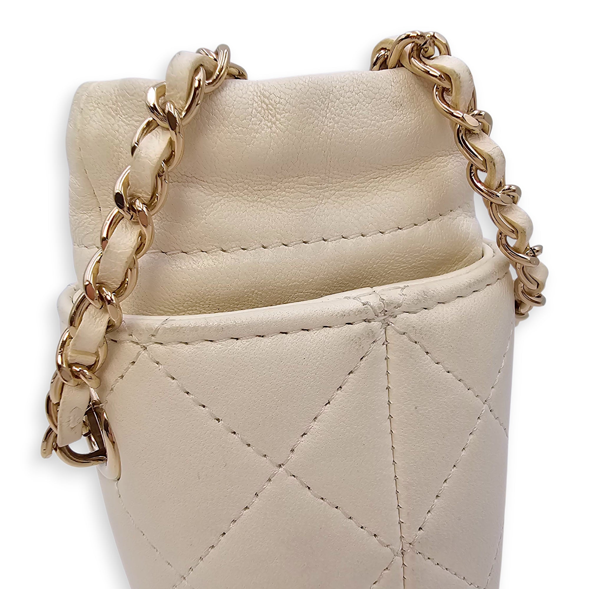 Quilted Bucket Mini White Crossbody Bag in Lambskin, Gold hardware