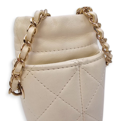 Quilted Bucket Mini White Crossbody Bag in Lambskin, Gold hardware