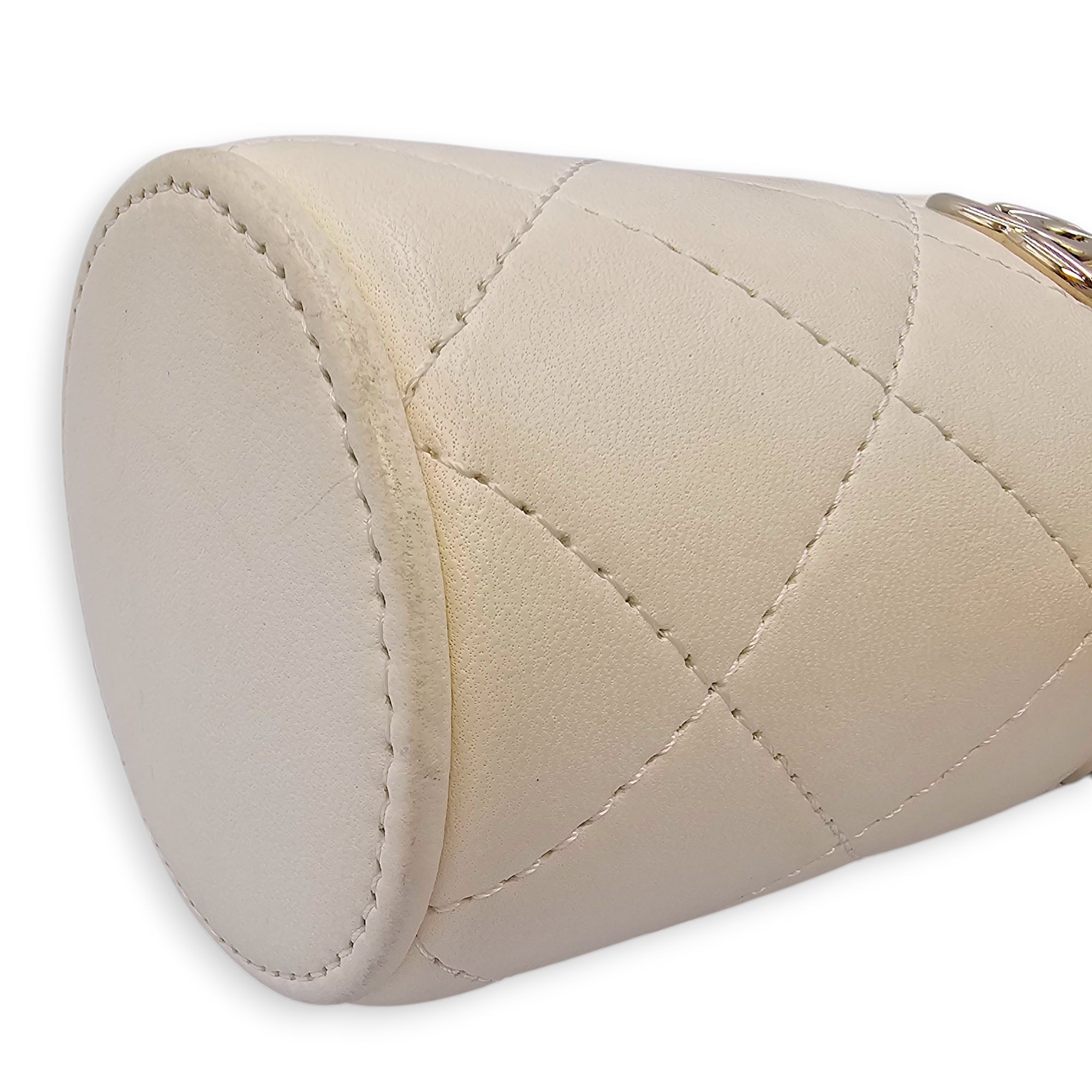 Quilted Bucket Mini White Crossbody Bag in Lambskin, Gold hardware