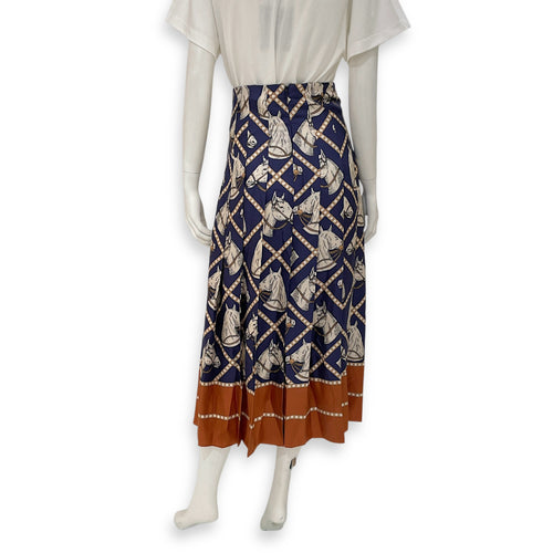 GG Equestrian Pleated Horse Printed Skirt 38 Blue Ready-To-Wear in Silk