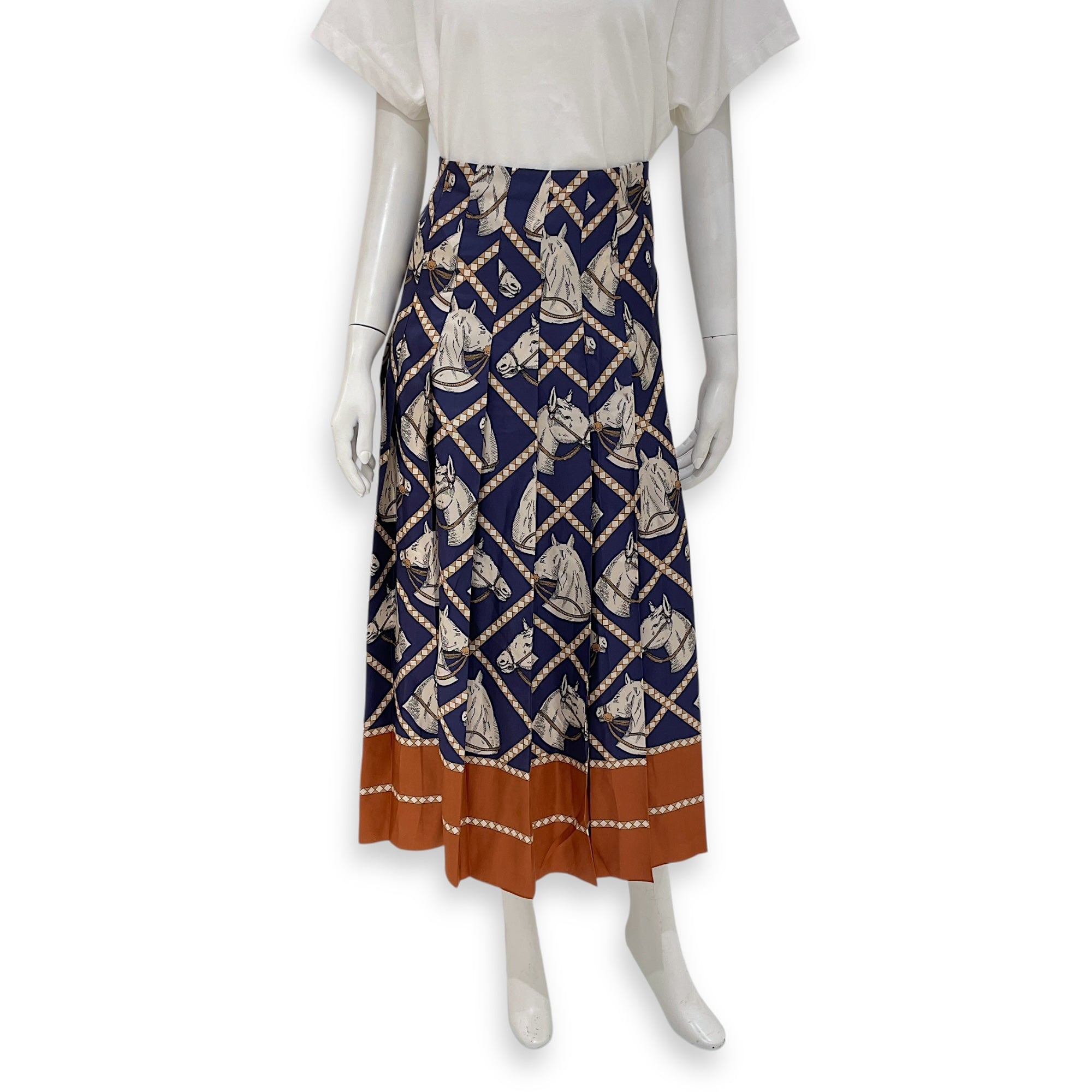 GG Equestrian Pleated Horse Printed Skirt 38 Blue Ready-To-Wear in Silk