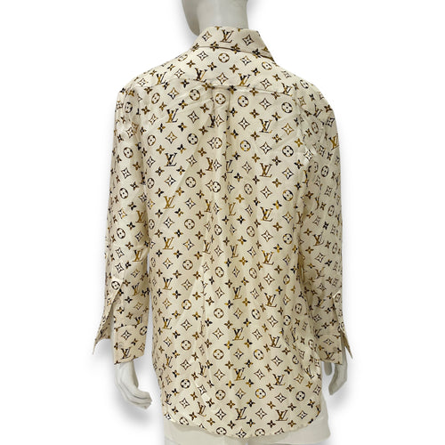 Monogram Zip Up Long Sleeve Shirt 36 Cream Ready-To-Wear in Silk