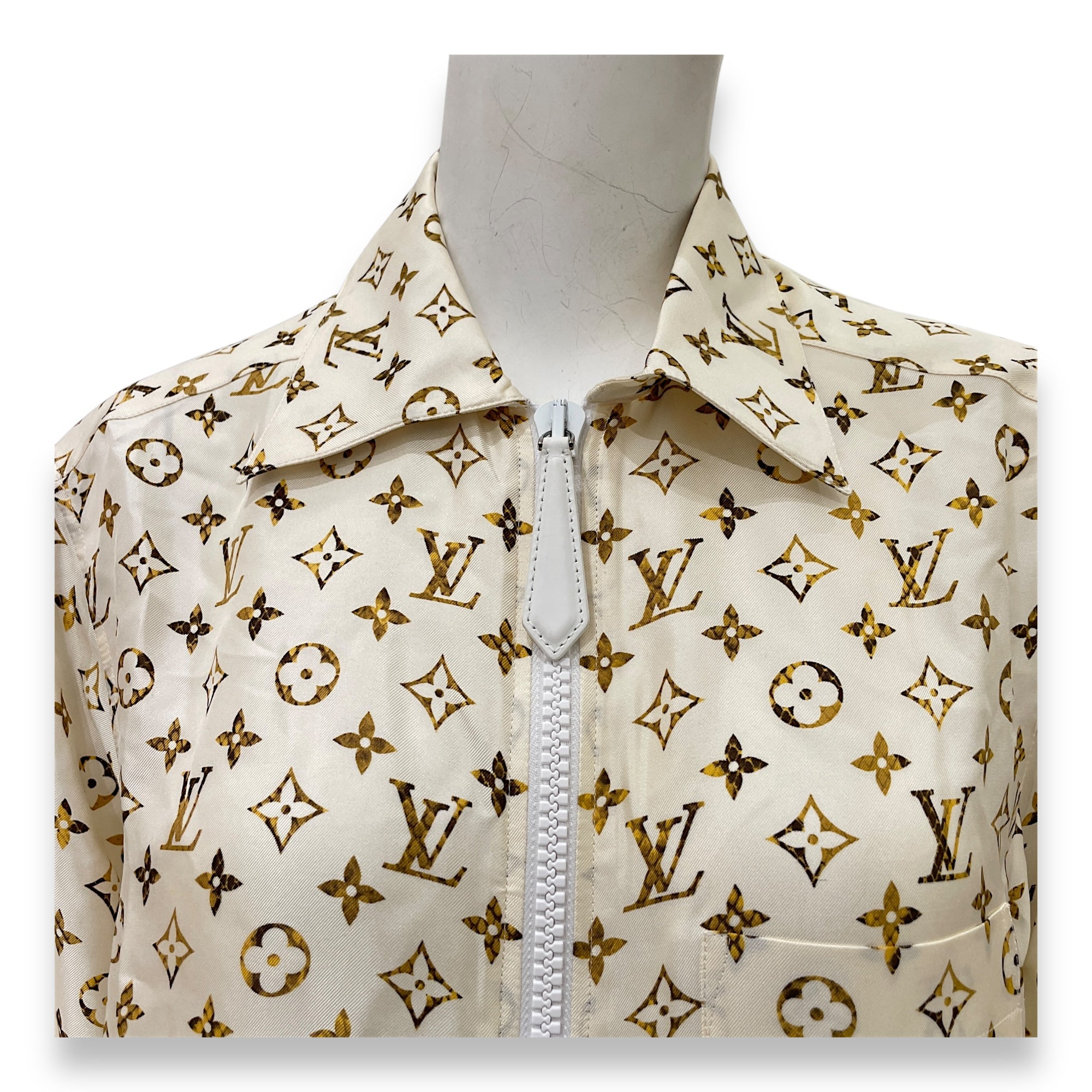 Monogram Zip Up Long Sleeve Shirt 36 Cream Ready-To-Wear in Silk