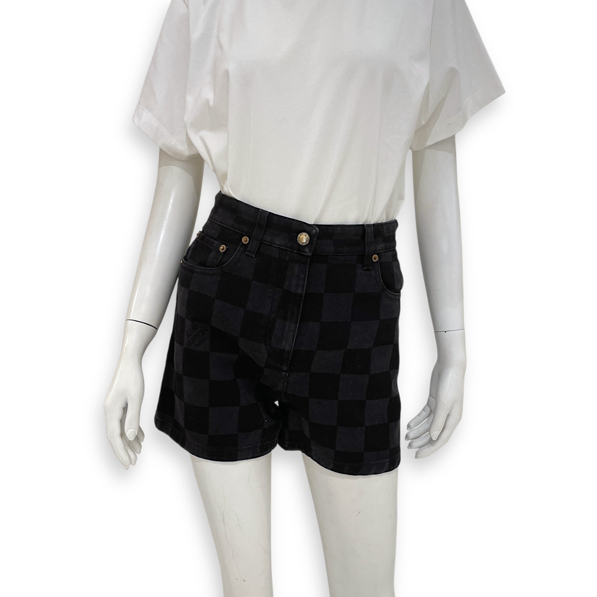 Mini Checked Print Cotton Shorts 34 Black Ready-To-Wear , Gold hardware