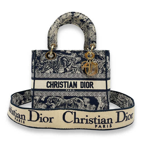 Lady Dior D-Lite Medium Blue Toile De Jouy Shoulder Bag in Canvas, Gold hardware