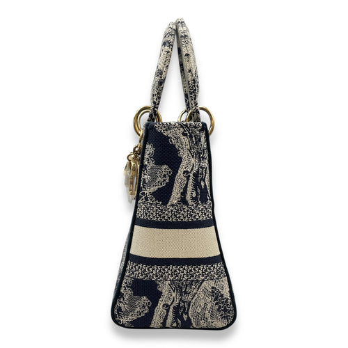 Lady Dior D-Lite Medium Blue Toile De Jouy Shoulder Bag in Canvas, Gold hardware