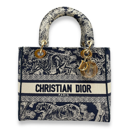 Lady Dior D-Lite Medium Blue Toile De Jouy Shoulder Bag in Canvas, Gold hardware