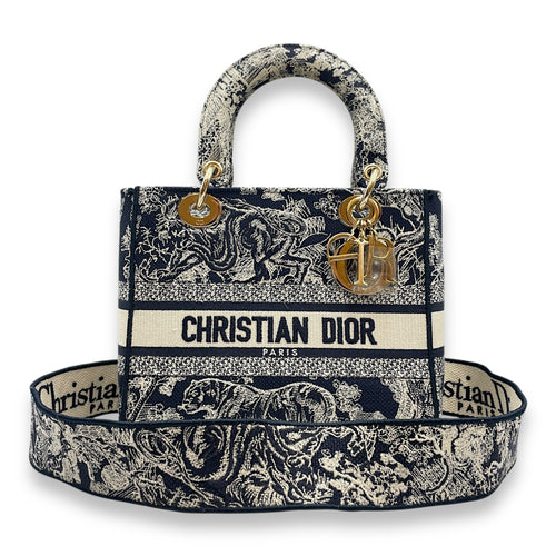 Lady Dior D-Lite Medium Blue Toile De Jouy Shoulder Bag in Canvas, Gold hardware