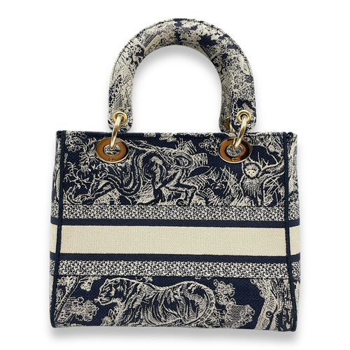 Lady Dior D-Lite Medium Blue Toile De Jouy Shoulder Bag in Canvas, Gold hardware