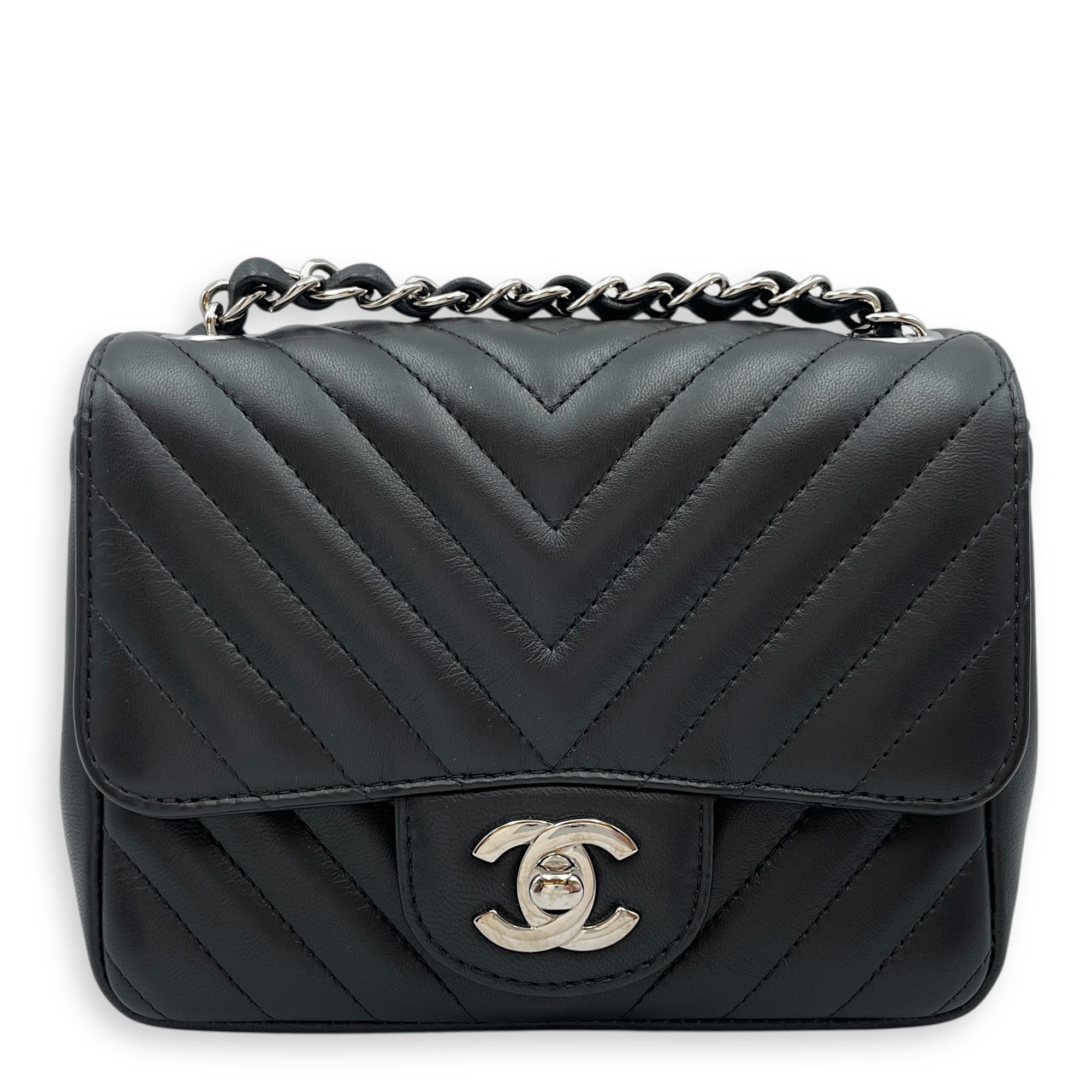 Square Chevron Mini Black Flap Bag in Lambskin, Silver hardware