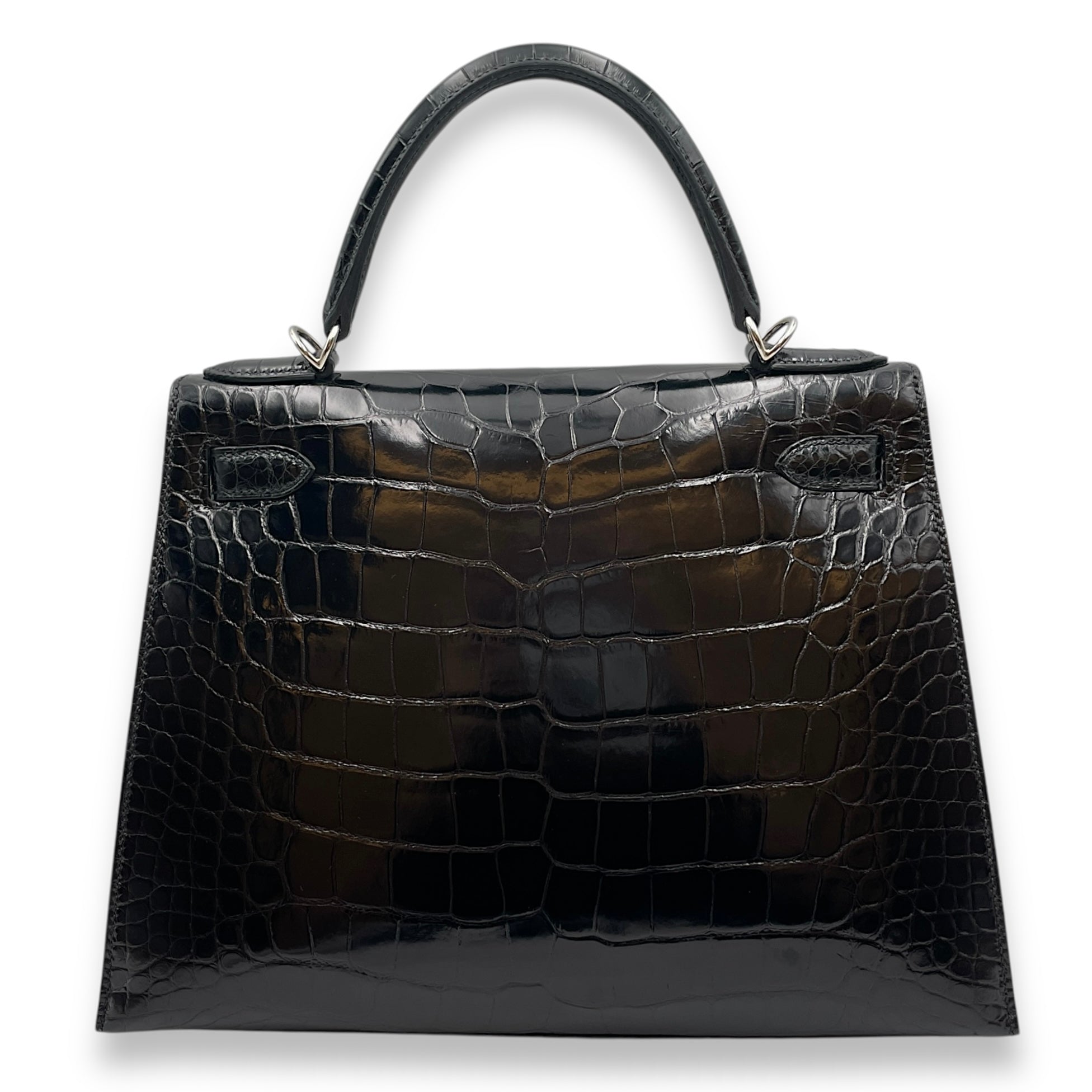 Sellier Kelly 28 Black in Shiny Alligator, Palladium hardware