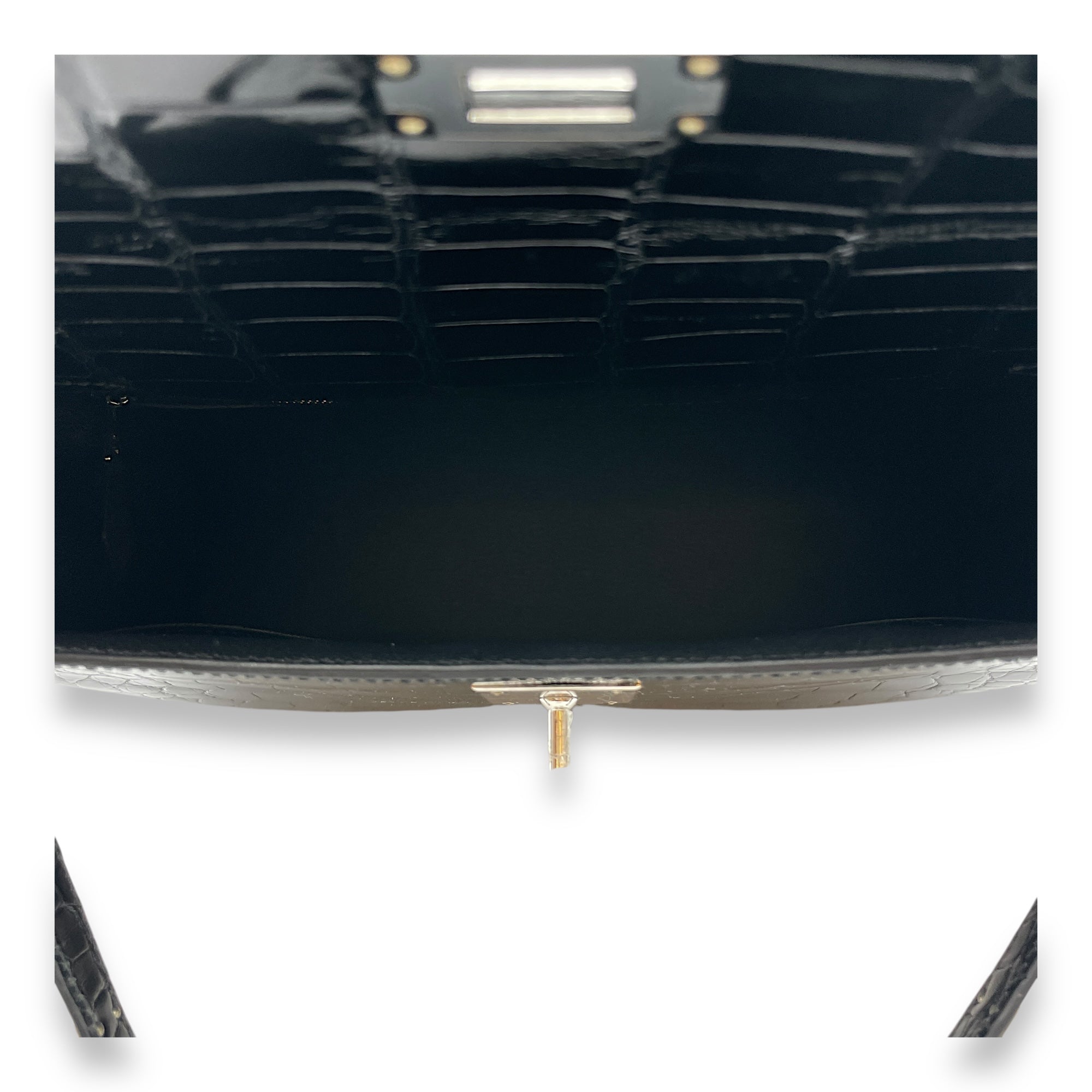 Sellier Kelly 28 Black in Shiny Alligator, Palladium hardware