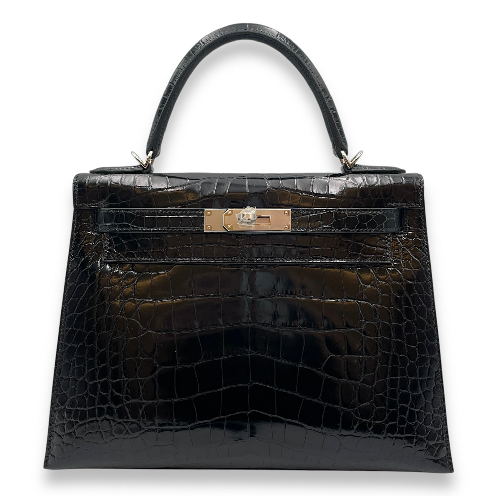 Sellier Kelly 28 Black in Shiny Alligator, Palladium hardware