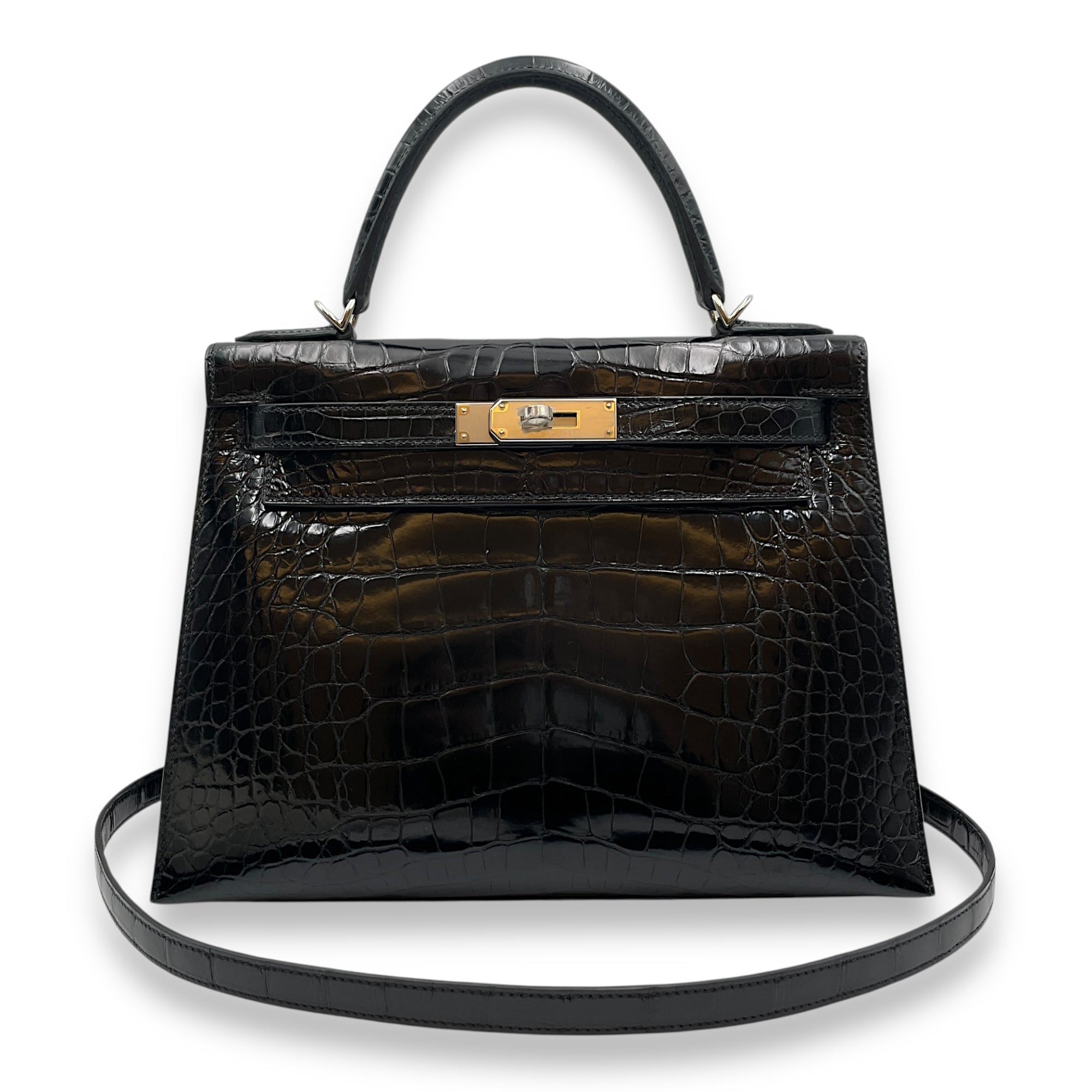 Sellier Kelly 28 Black in Shiny Alligator, Palladium hardware