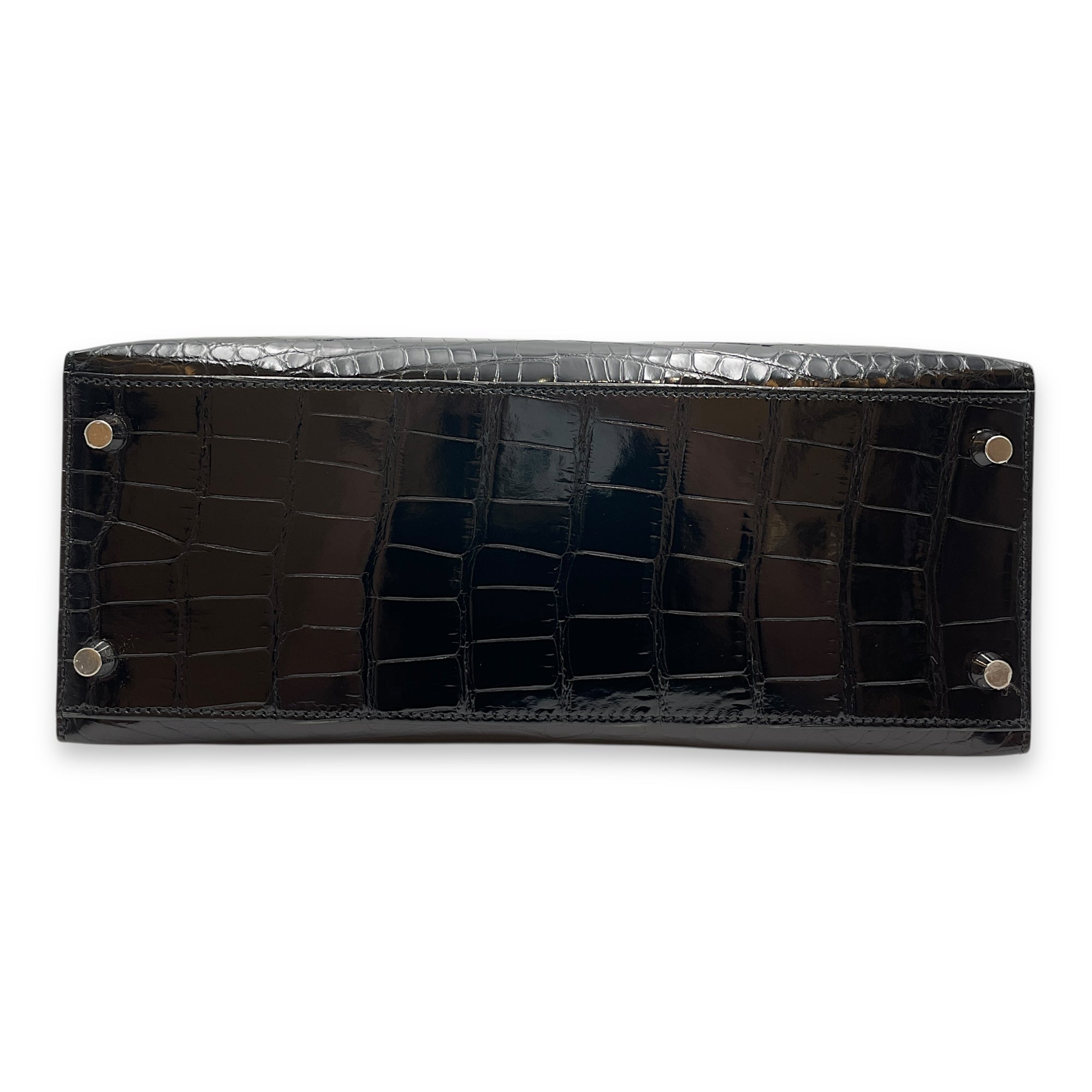 Sellier Kelly 28 Black in Shiny Alligator, Palladium hardware