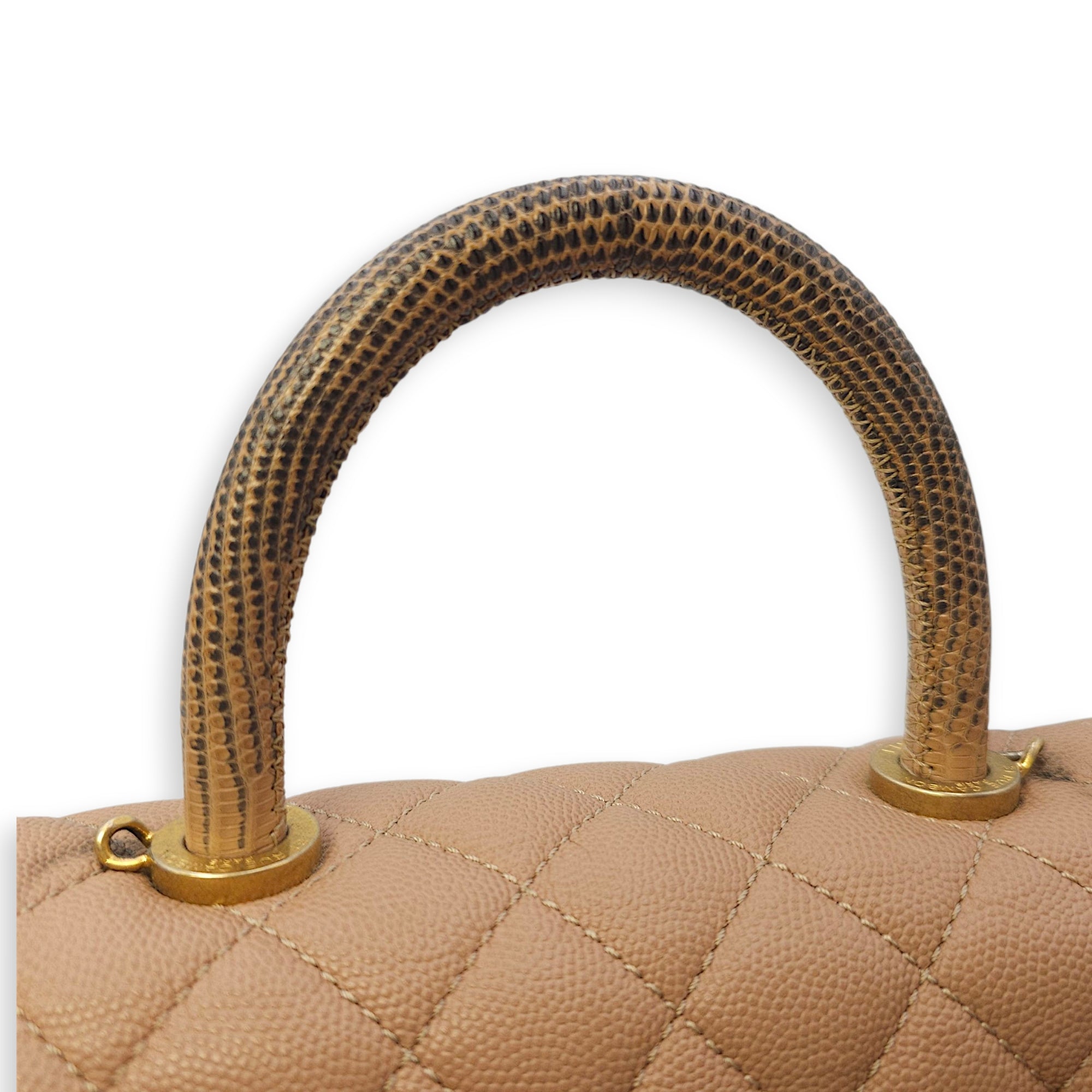 Quilted Coco Handle Small Beige Shoulder Bag in Caviar Leather, Gold hardware