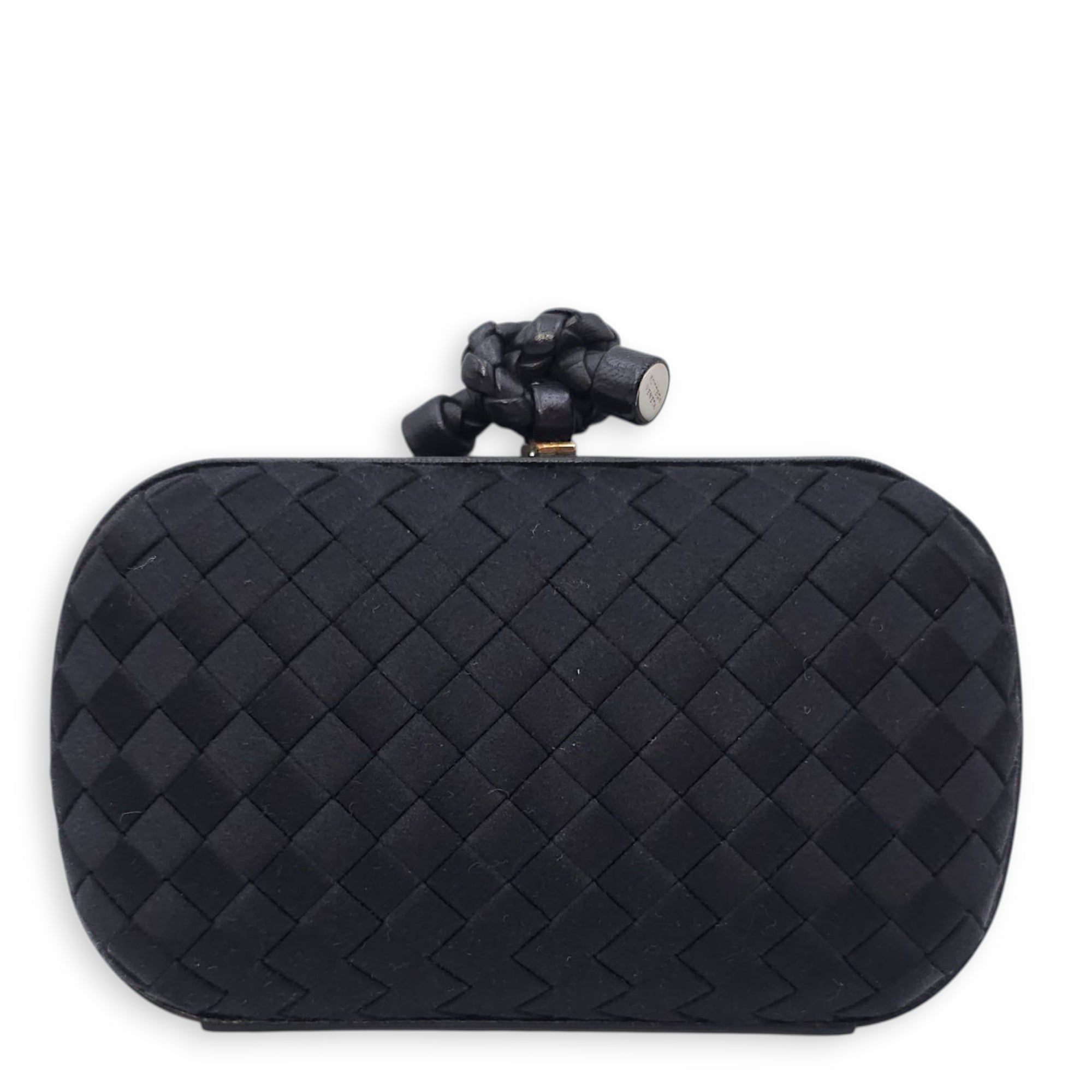 BV Pochette Knot Intrecciato Nappa Black Clutch in Silk, Silver hardwa