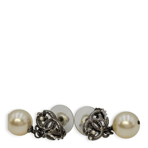 CC Logo with Pearls Black Dangling Earrings, Gunmetal hardware
