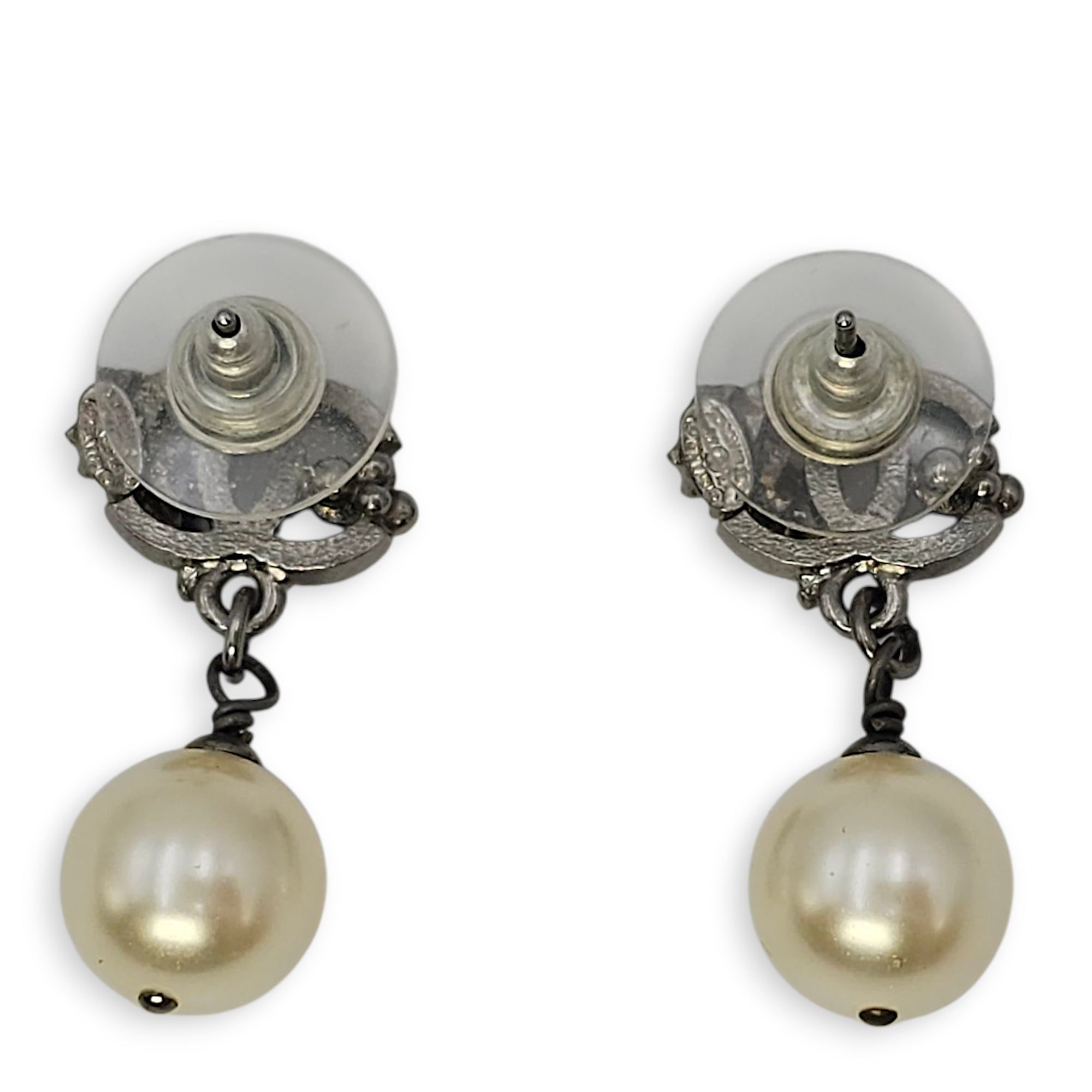 CC Logo with Pearls Black Dangling Earrings, Gunmetal hardware