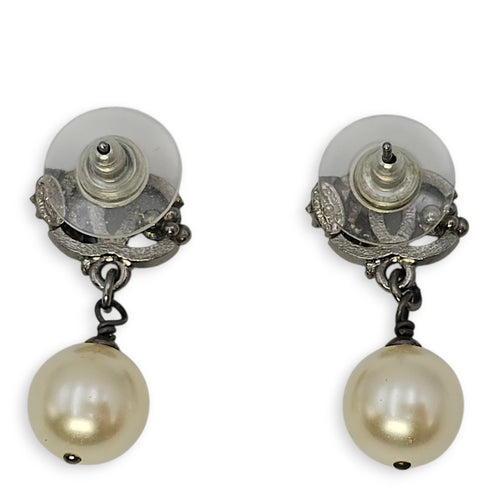 CC Logo with Pearls Black Dangling Earrings, Gunmetal hardware