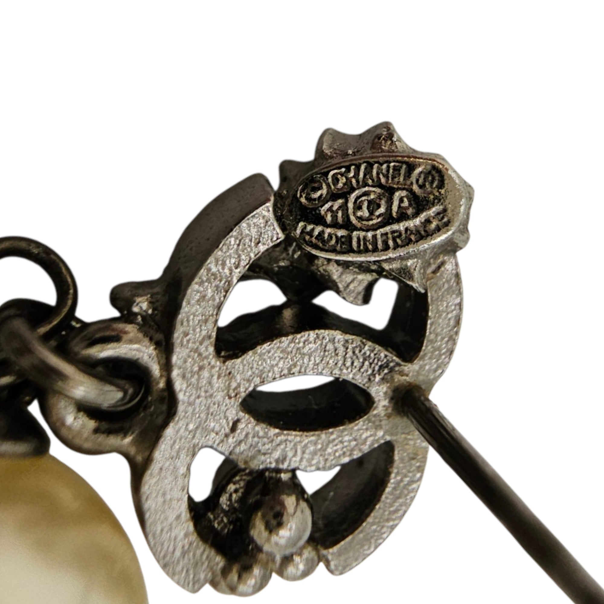 CC Logo with Pearls Black Dangling Earrings, Gunmetal hardware