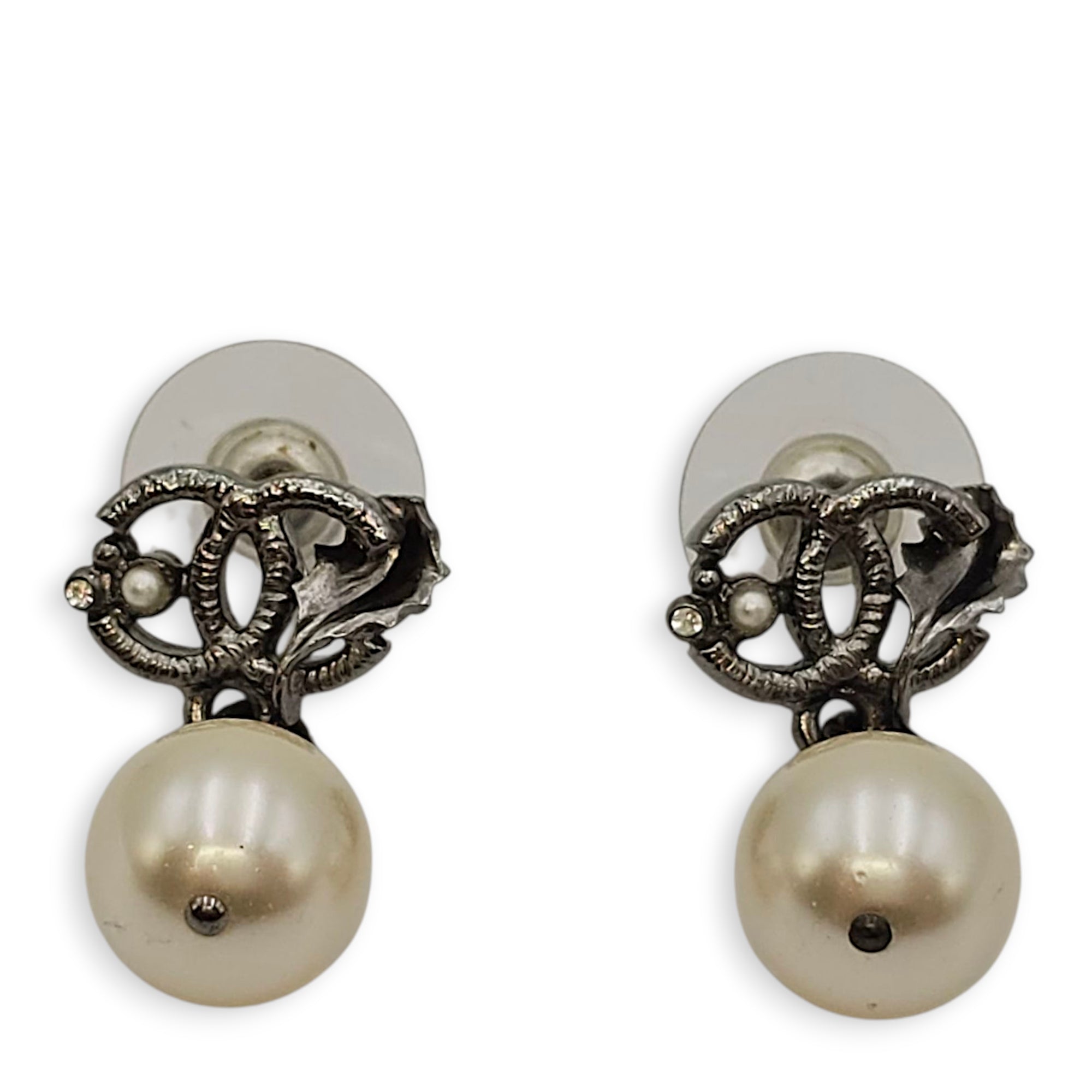 CC Logo with Pearls Black Dangling Earrings, Gunmetal hardware