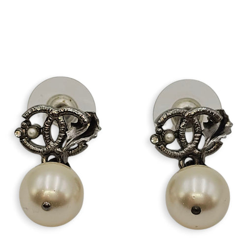CC Logo with Pearls Black Dangling Earrings, Gunmetal hardware