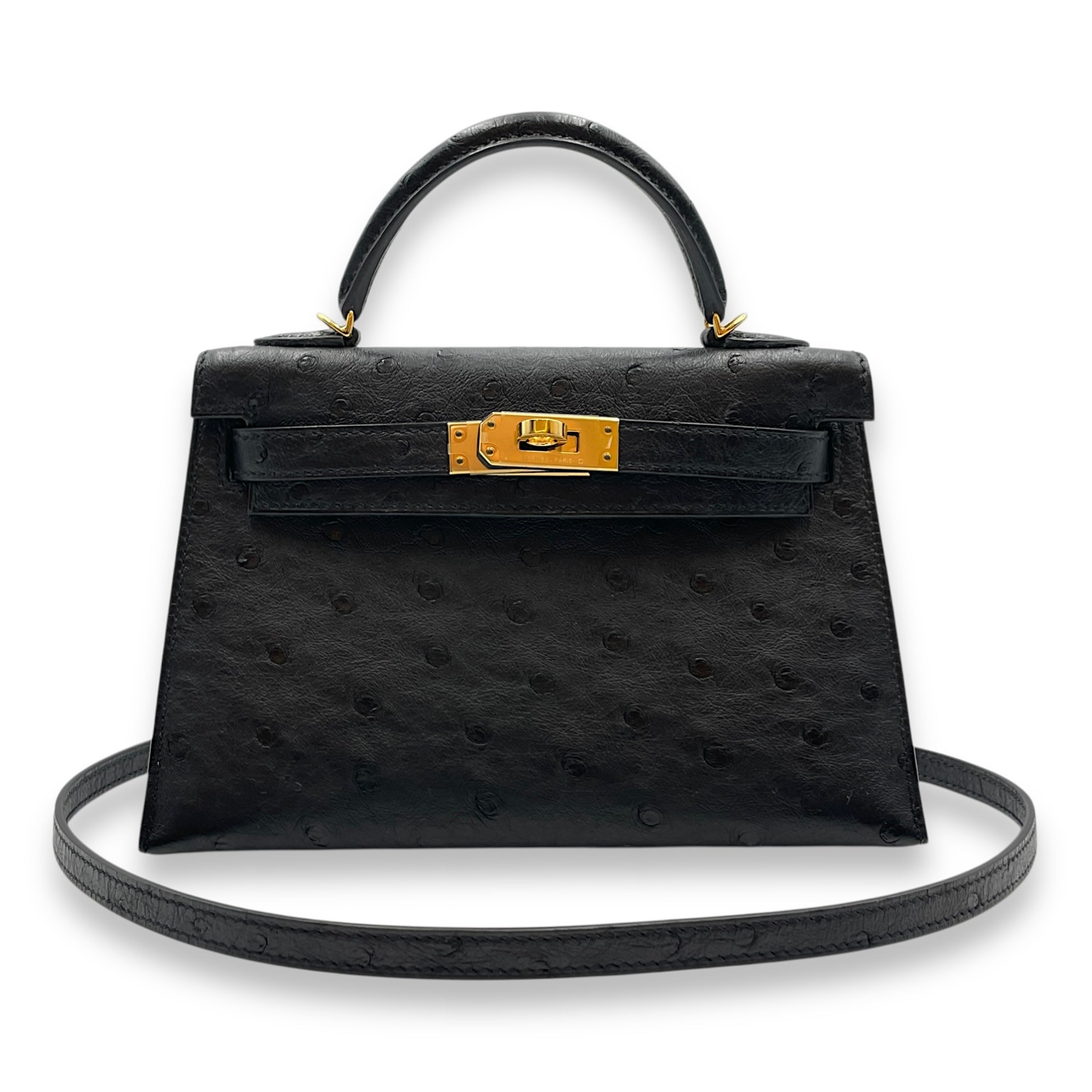 Sellier Kelly 20 Black in Ostrich, Gold hardware