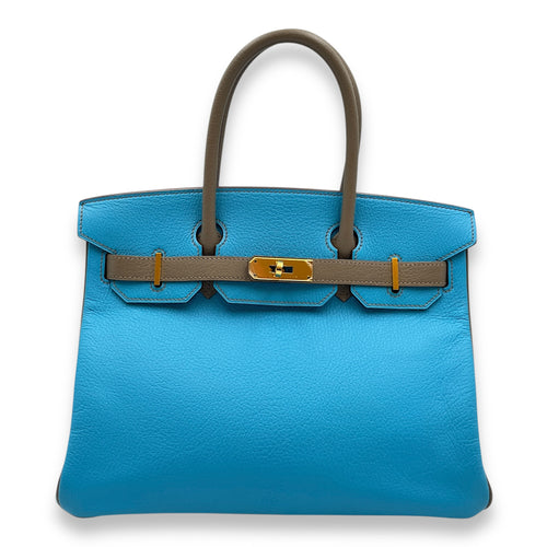 HSS Birkin 30 Blue Azteque/Gris Tourterelle in Chevre Mysore, Gold hardware