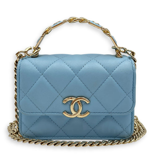 Coco Enamel Top Handle Mini Sky Blue Crossbody Bag in Lambskin, Gold hardware