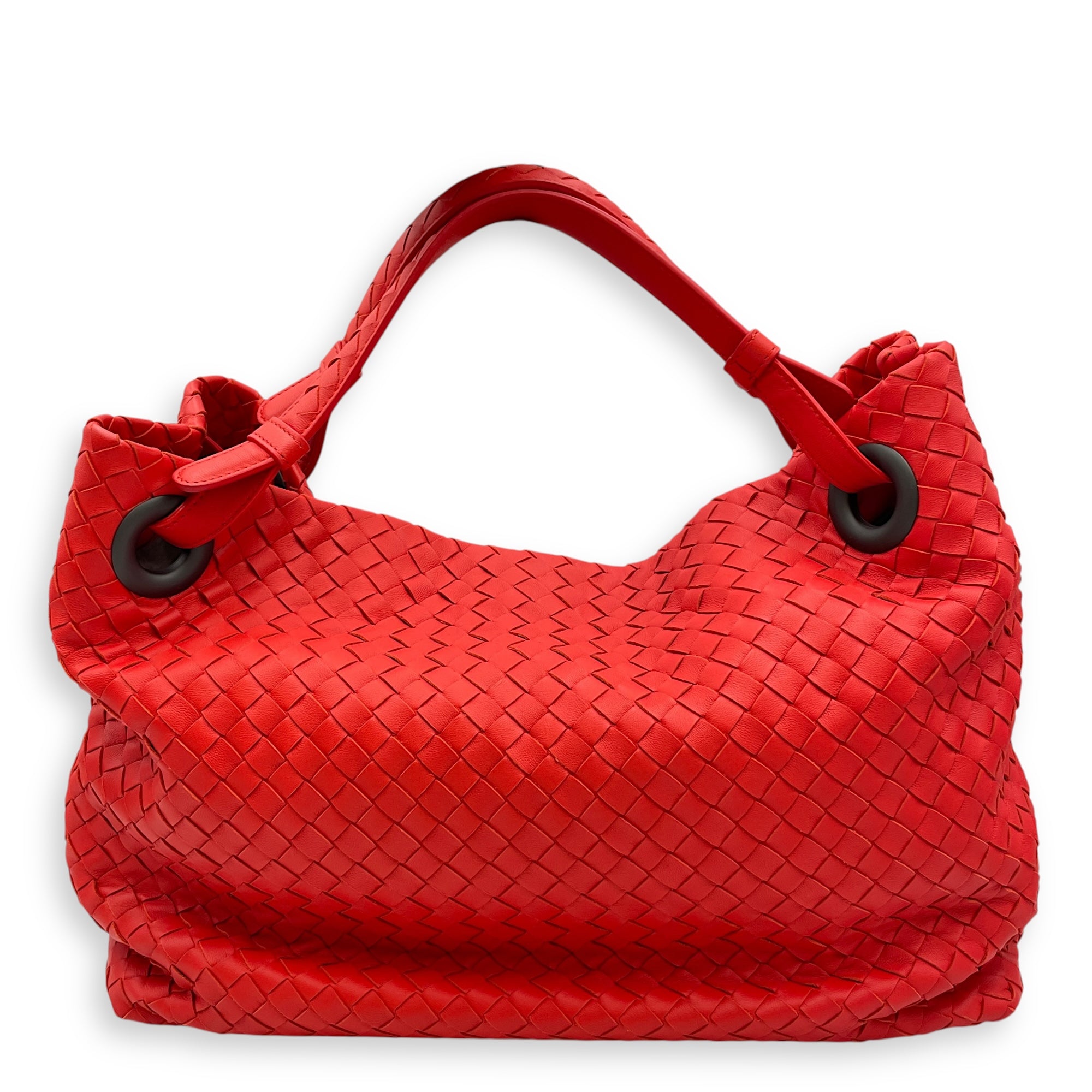 Intrecciato Garda Large Orange-Red Shoulder Bag in Nappa Leather, Ruthenium hardware