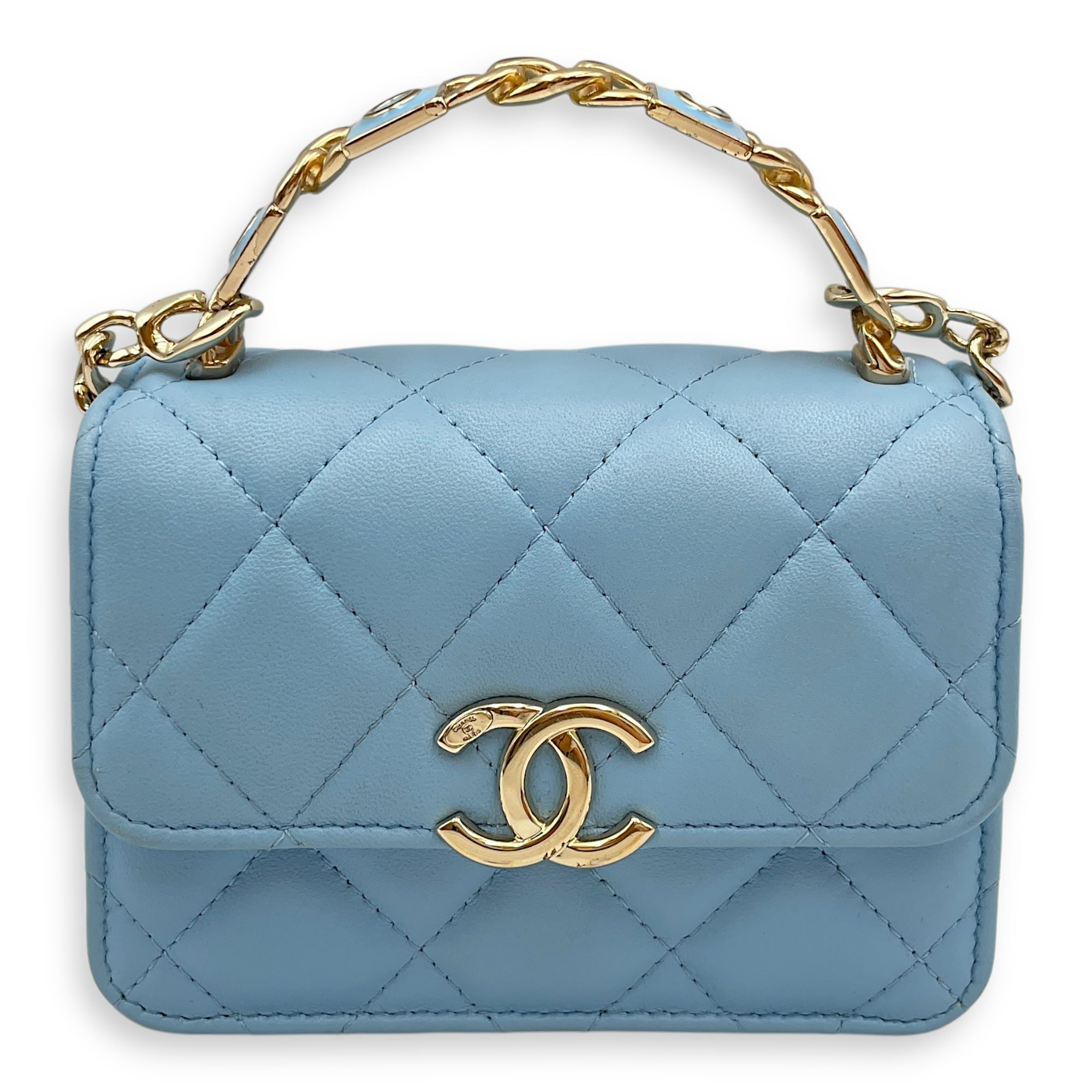 Coco Enamel Top Handle Mini Sky Blue Crossbody Bag in Lambskin, Gold hardware
